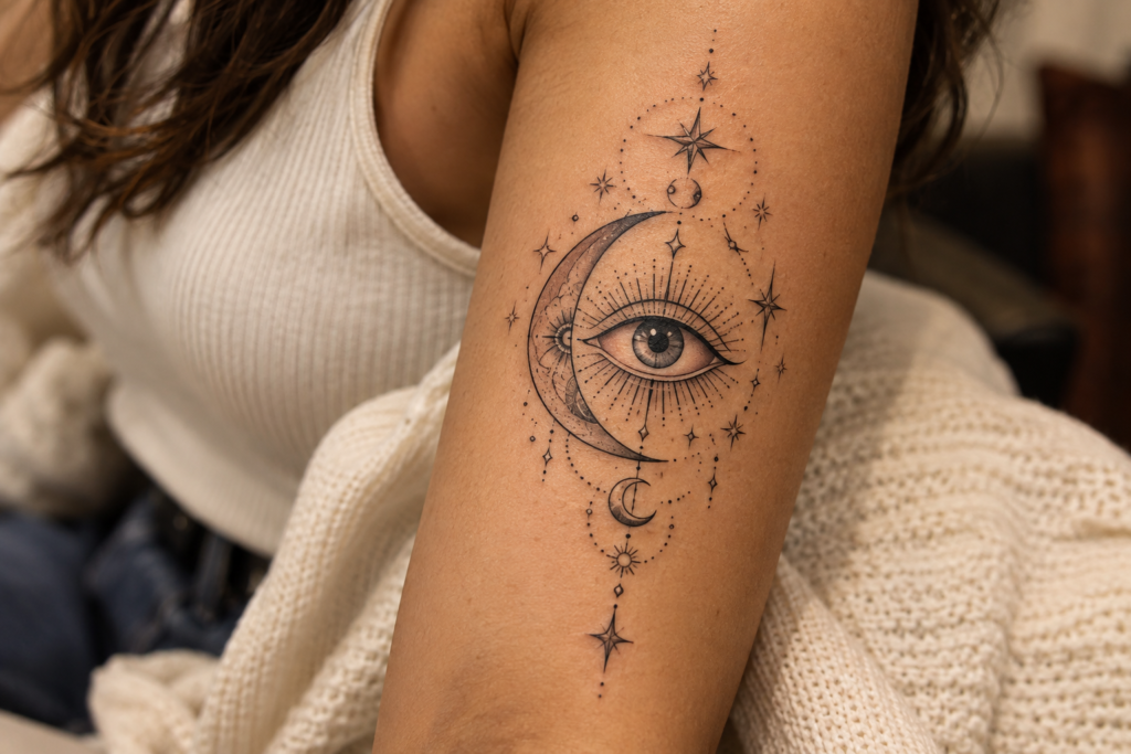 Celestial evil eye tattoo with crescent moon and stars on the forearm