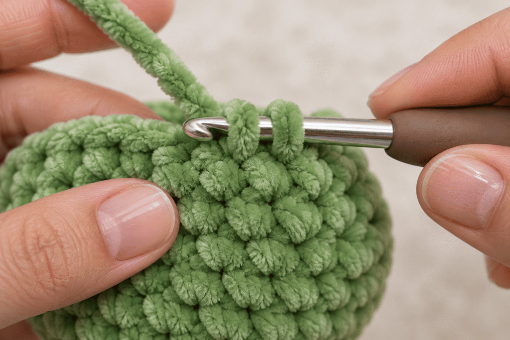 Close-up of a crochet hook passing through the front loops of two adjacent green chenille stitches for an invisible decrease.