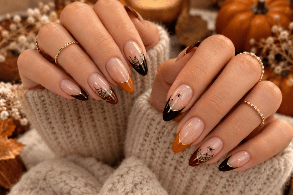 Halloween French tip manicure with black, orange and spider web details