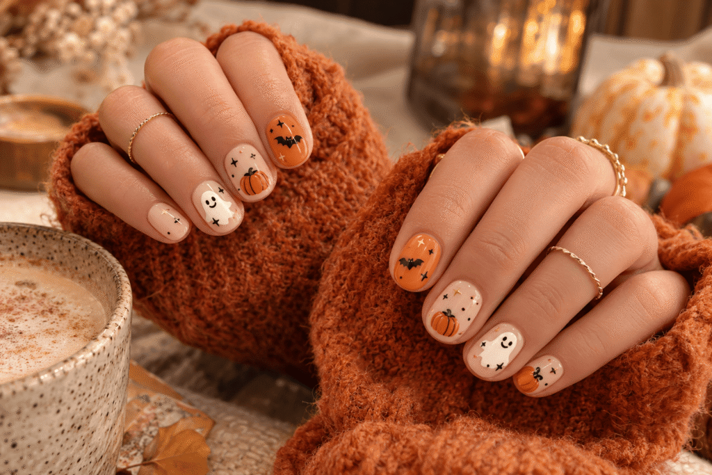 Cute Halloween manicure with ghosts, pumpkins and tiny autumn details