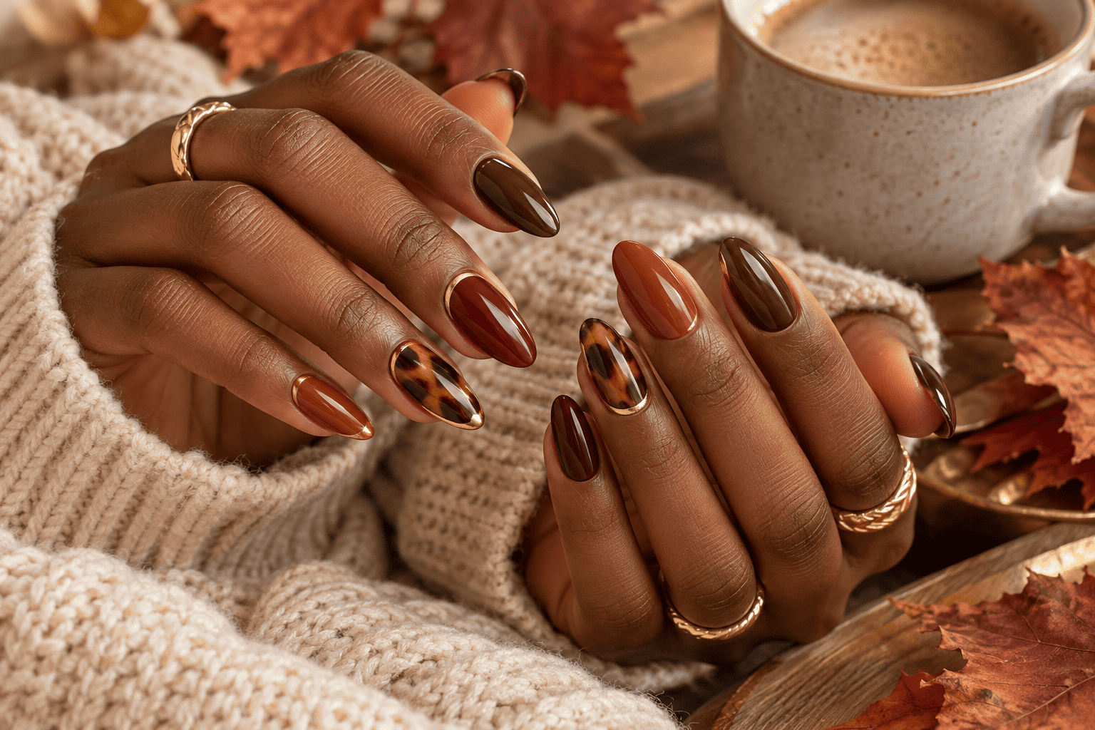 17 Fall Nails for Dark Skin: Trendy Tortoise, Gold Leaf & Terracotta Manicure Ideas