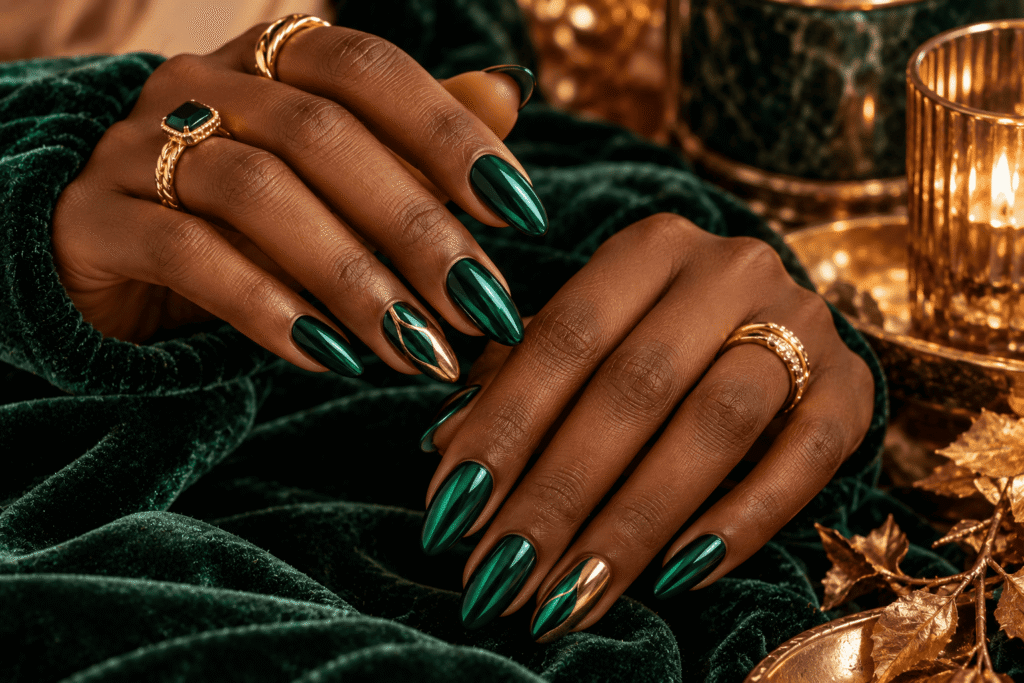 Emerald green chrome fall nails on dark skin