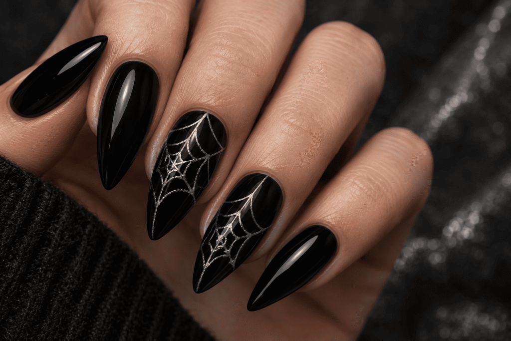 Black Halloween nails decorated with fine silver spiderweb nail art.