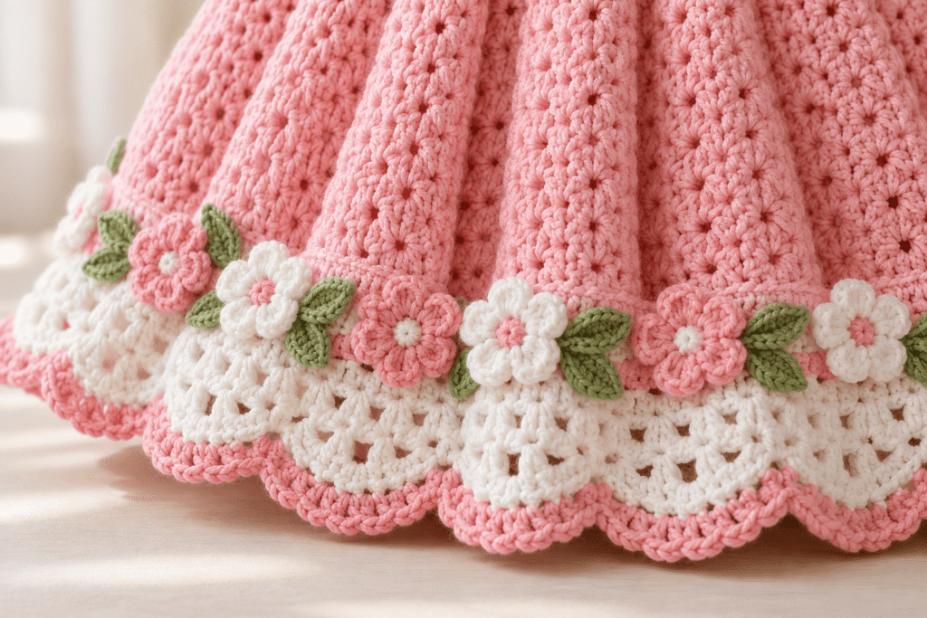 White and pink decorative crochet border on a baby dress