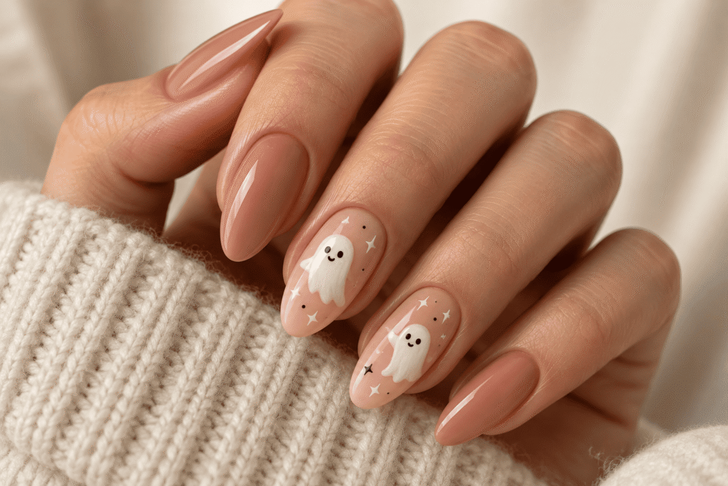 Cute white ghost nail art with tiny black eyes on a sheer pink Halloween manicure.