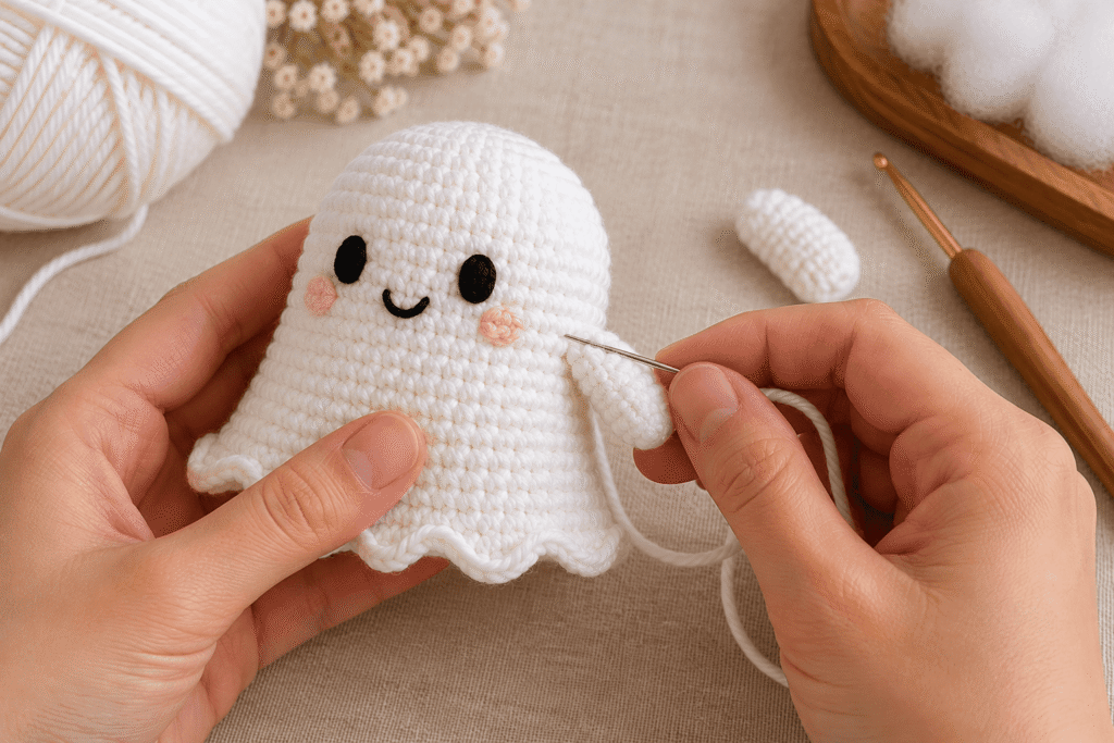Small white crochet arms being sewn onto the sides of a ghost amigurumi.