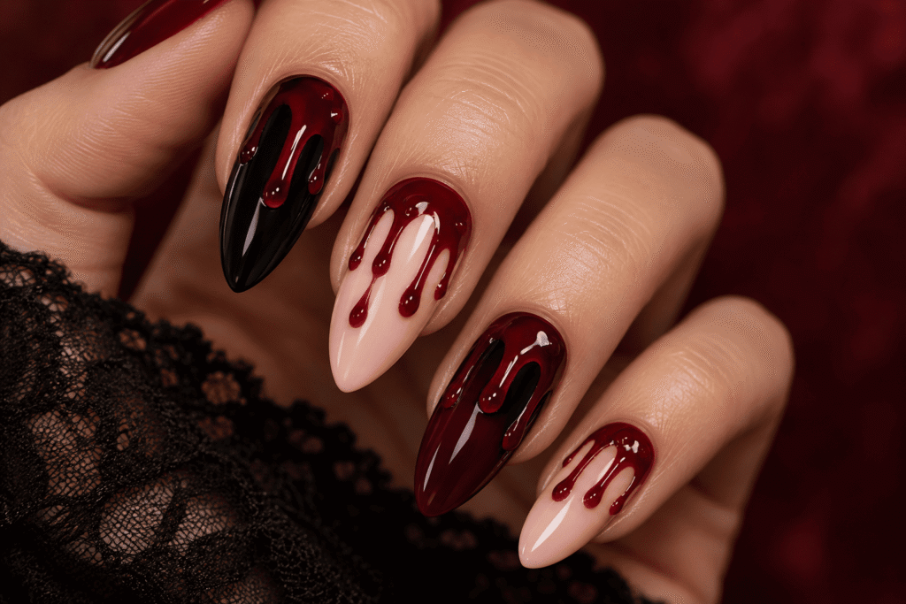 Glossy crimson blood-drip nail art with dark Halloween-inspired polish.
