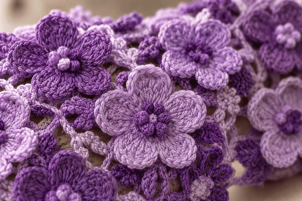 Long purple crochet sleeve decorated with handmade flower motifs
