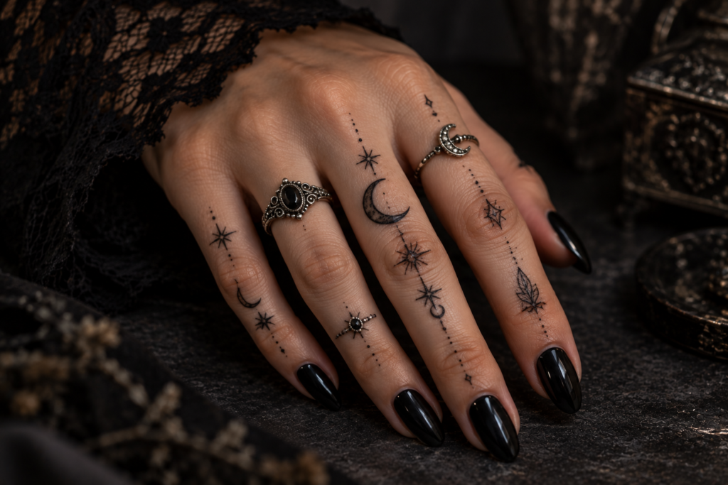 Elegant gothic witchy finger tattoos with black moons and celestial symbols