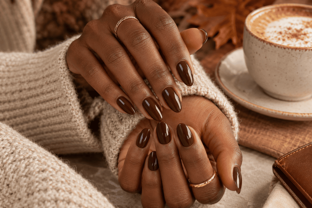 Glossy chocolate brown fall nails on dark skin