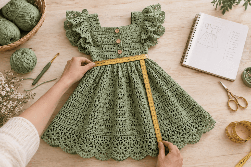 Measuring the waist and length of a crochet dress for girls