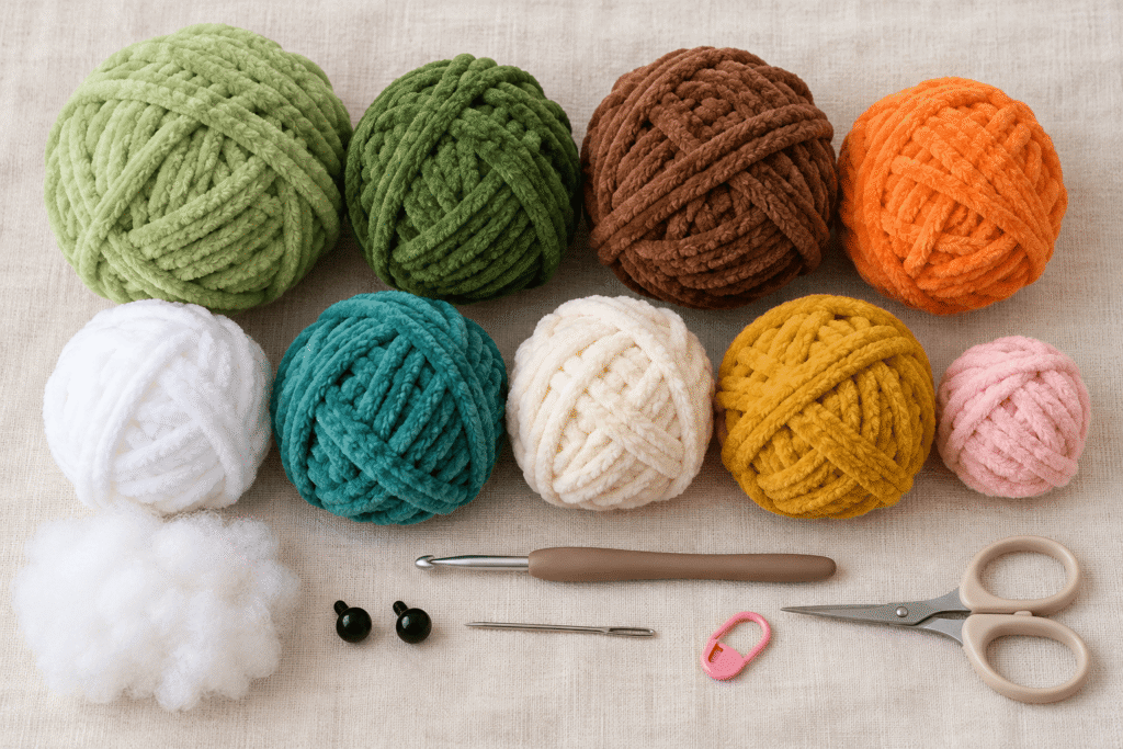Chenille yarn in green, brown, orange, white, teal, cream, gold, and pink with a crochet hook and amigurumi supplies.