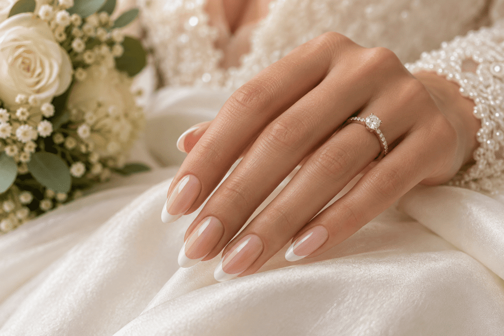 Classic French tip bridal nails with a sheer nude base and elegant ivory tips.