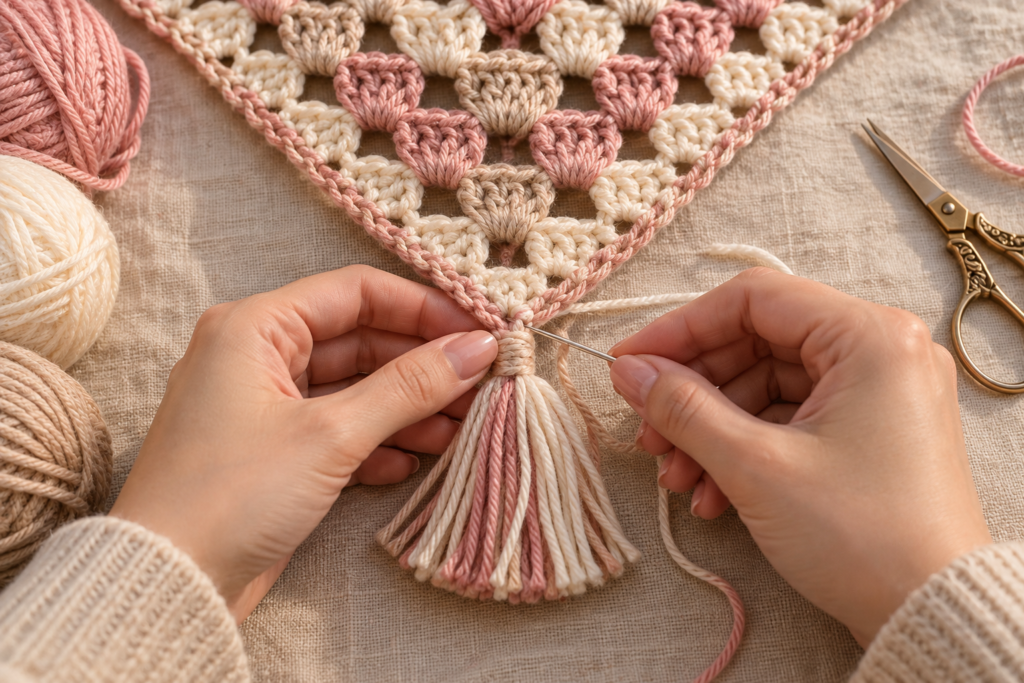 Hands attaching a yarn tassel to the corner of a crochet triangle bandana