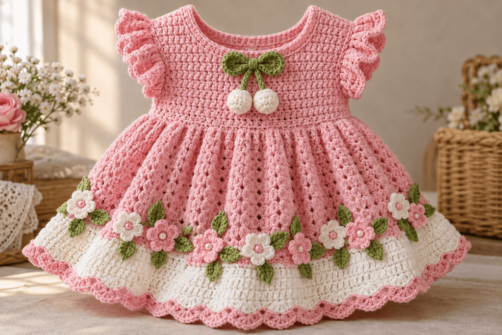 Front view of pink crochet baby girl dress with flowers and ruffled sleeves