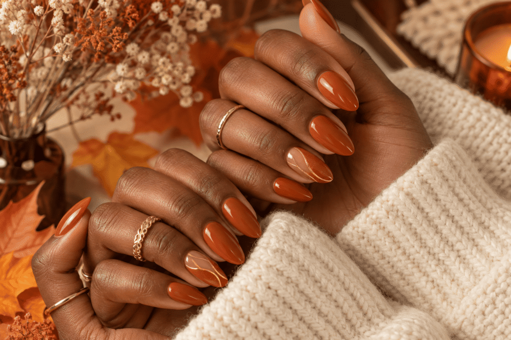 Burnt terracotta almond nails on dark skin with gold accents