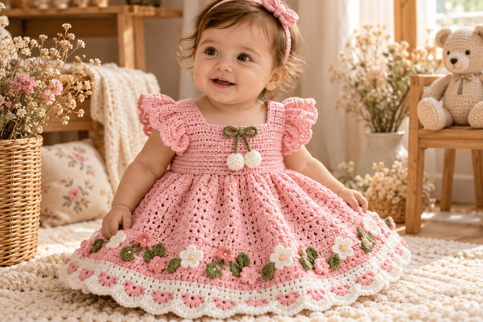 Pink Crochet Baby Dress With Cherry Bow & Flower Hem: Full Pattern and Step-by-Step Tutorial