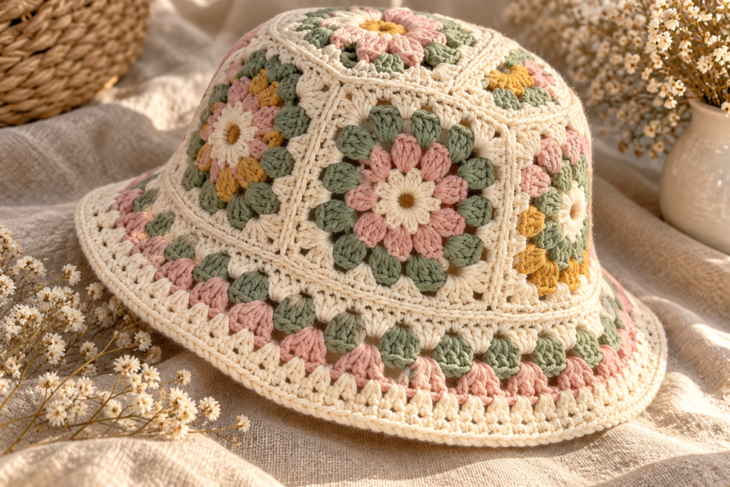 Close-up of colorful floral granny squares and crochet stitches on a finished bucket hat