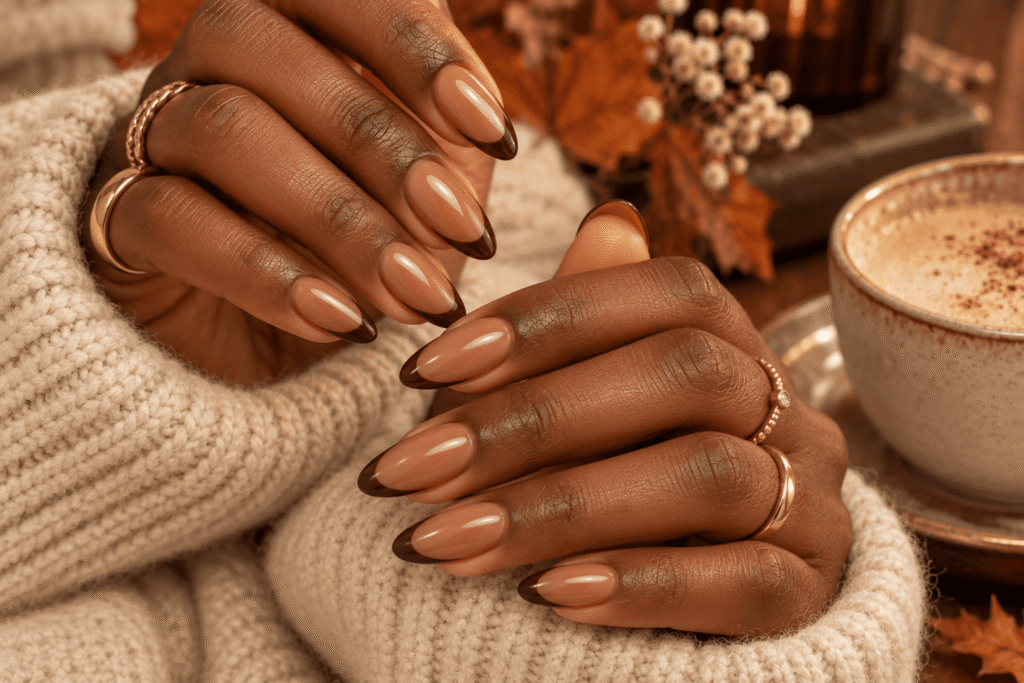 Espresso brown French tip nails on dark skin
