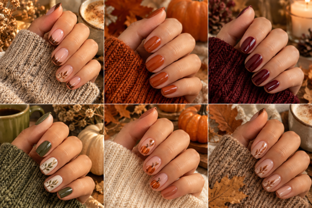 Collage of short October nail designs in brown, orange, burgundy, olive and nude shades.