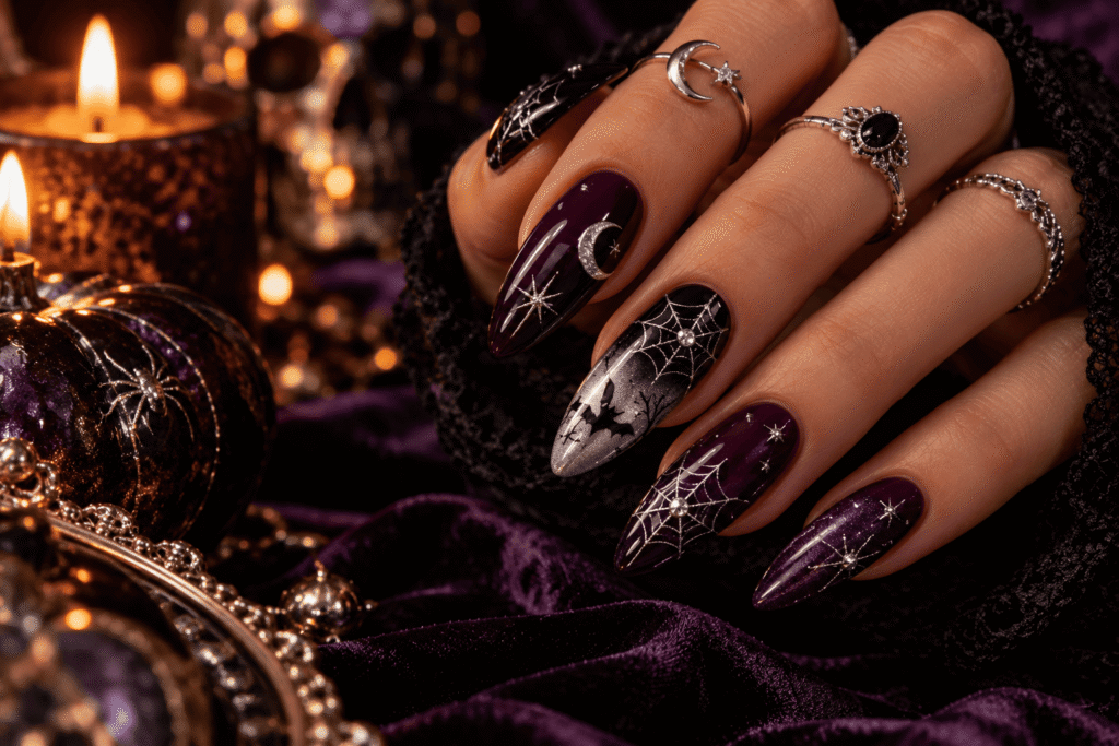 Long almond Halloween nails with dramatic black, purple and spider web designs