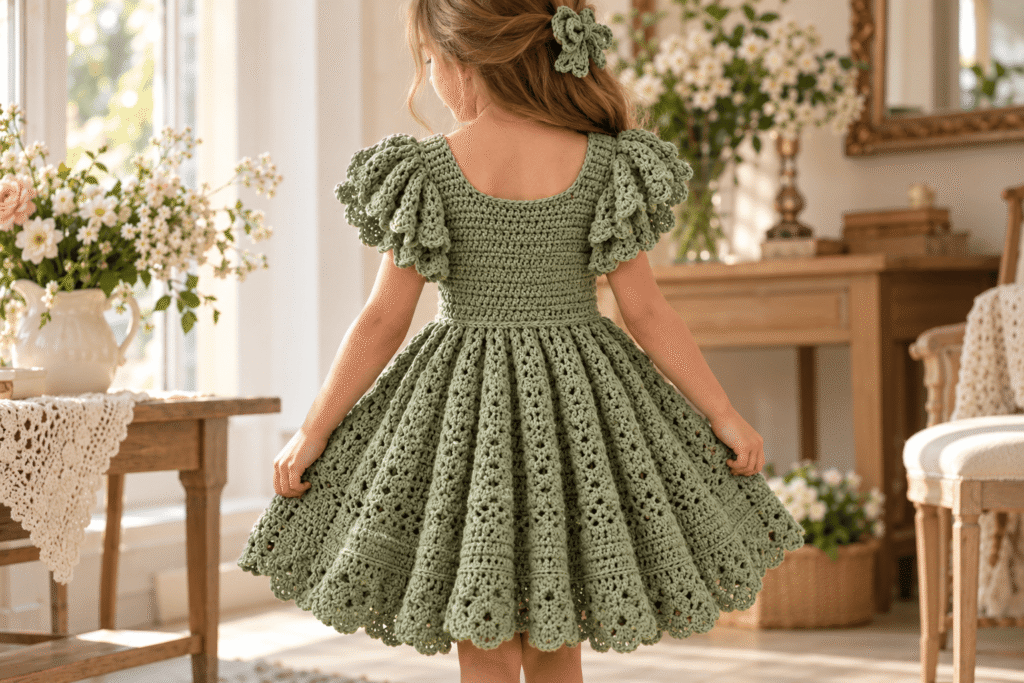 Back view of finished sage green crochet dress with flared skirt