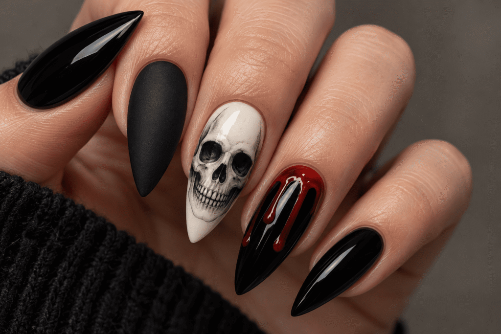 Black Halloween manicure with an ivory skull illustration on one accent nail.