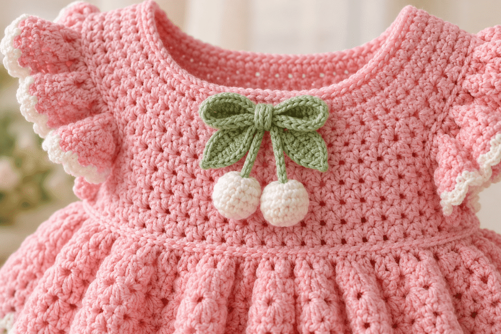 Close-up of pink crochet baby dress bodice and cherry bow