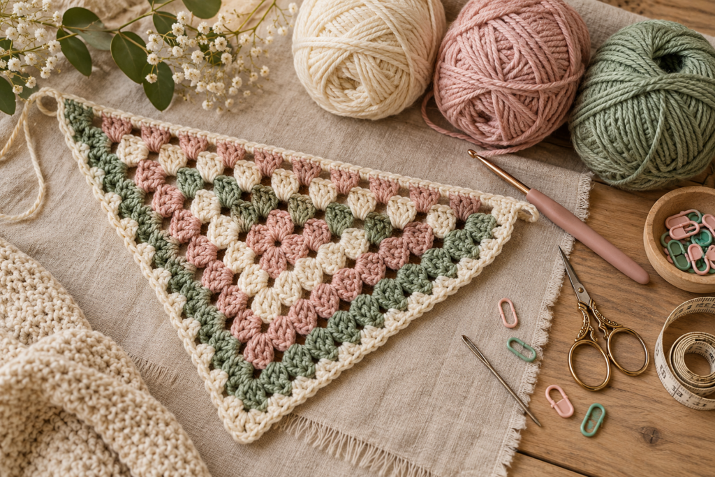 Yarn, crochet hook, scissors and tools for making a granny square bandana