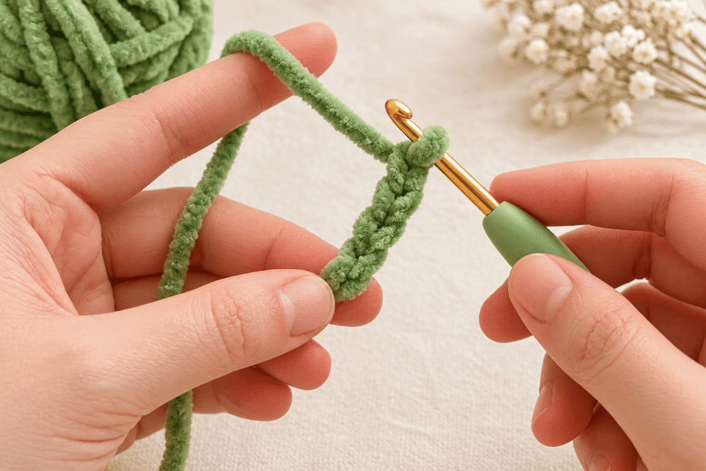 Green chenille yarn being worked with a crochet hook to start a small amigurumi component.