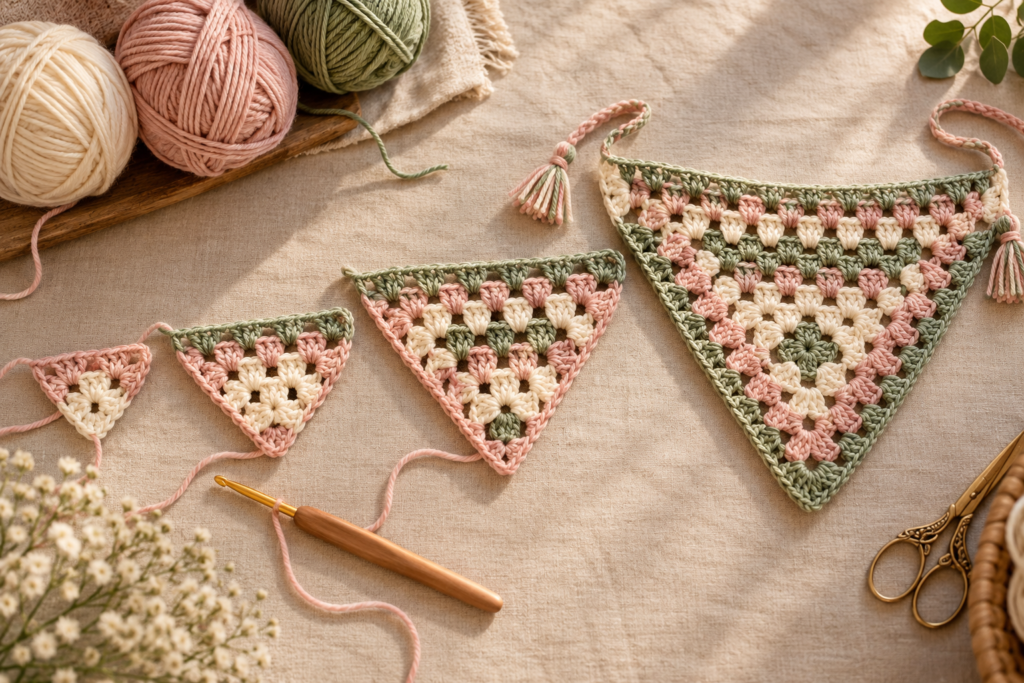 Four stages showing how a granny stitch crochet triangle bandana grows