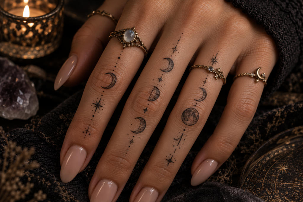 Moon phase finger tattoo sequence with crescent moons and tiny stars