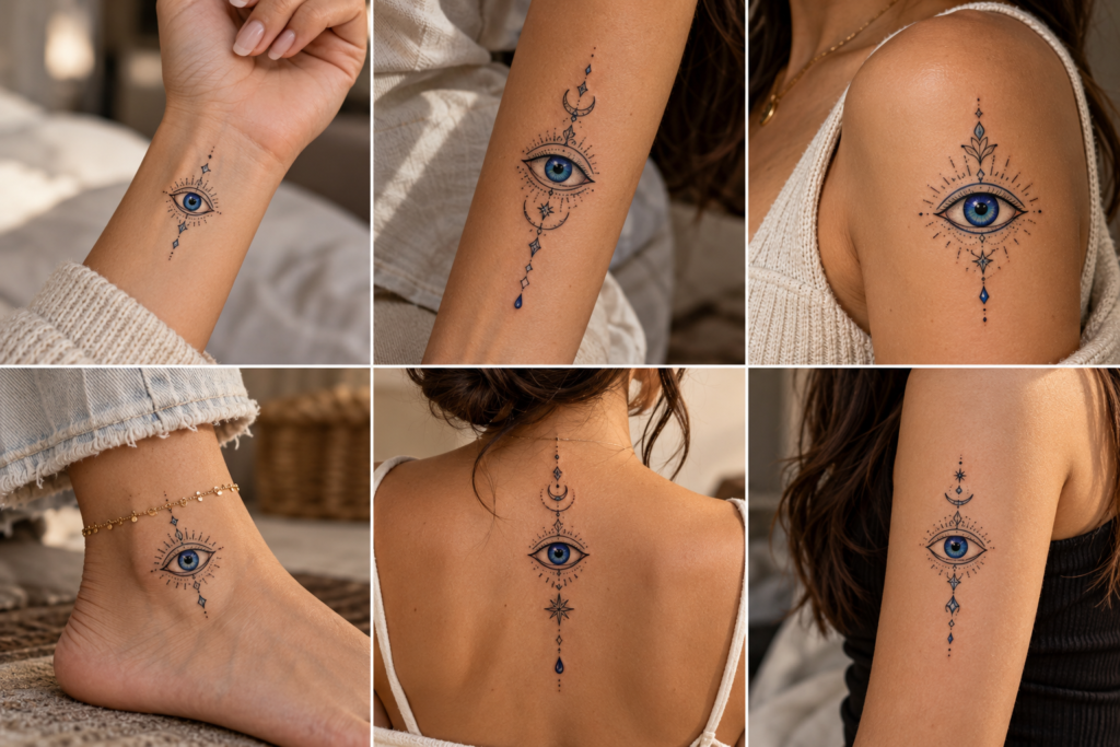 Different elegant placements for evil eye tattoos on the body