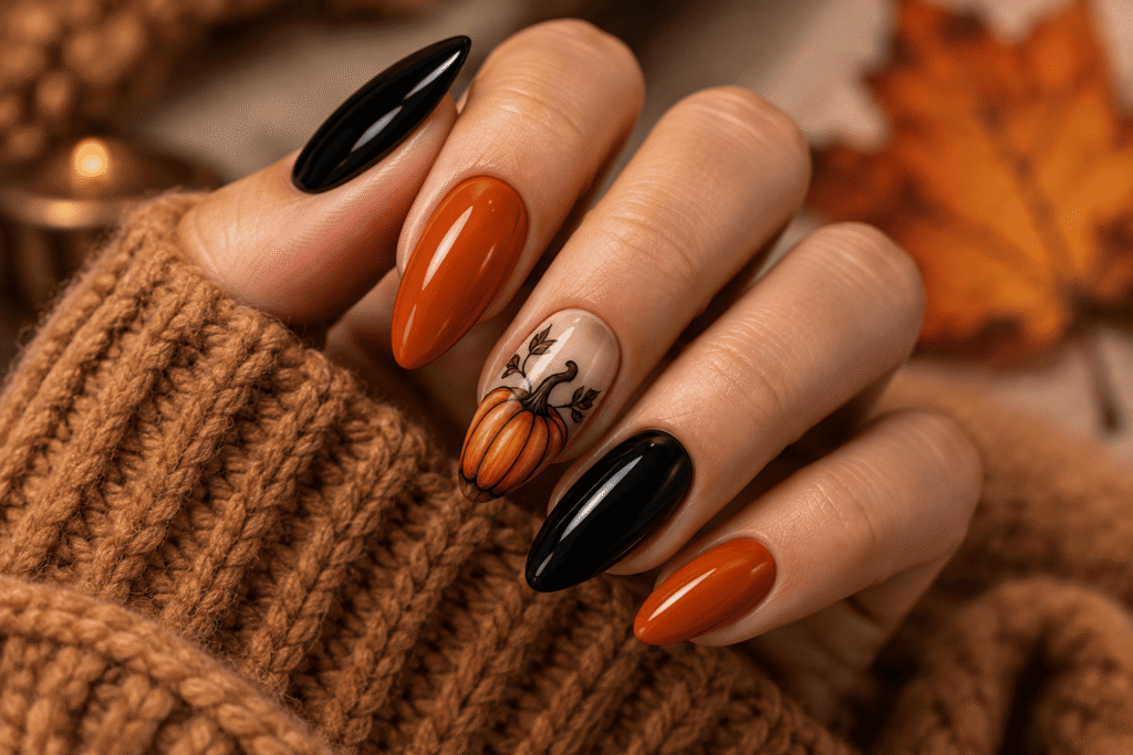 Black and burnt-orange Halloween nails with a seasonal pumpkin accent.