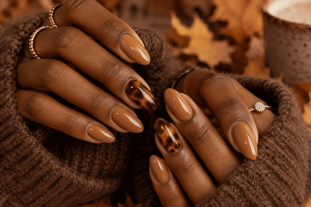 Tortoiseshell and caramel fall manicure on dark skin