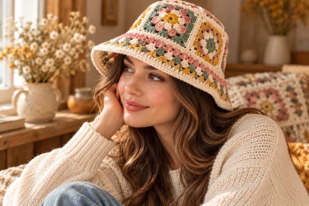 Woman wearing a colorful handmade granny square crochet bucket hat with a cream sweater