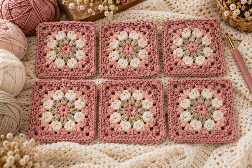 Finished pink and cream granny squares for a crochet baby vest