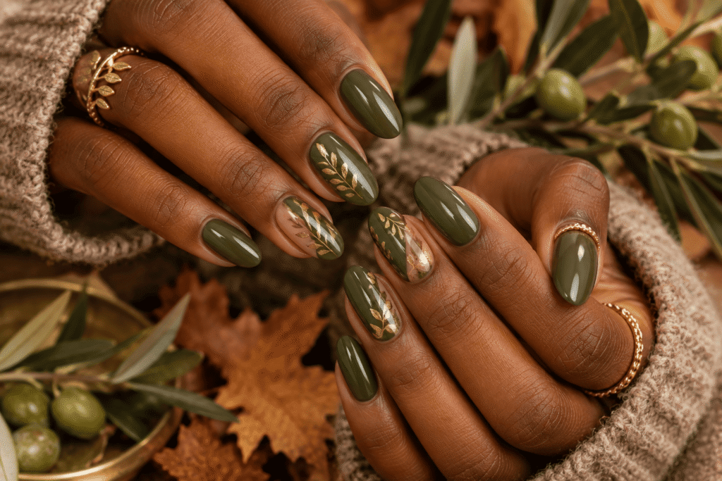 Olive green and antique gold fall nails on dark skin