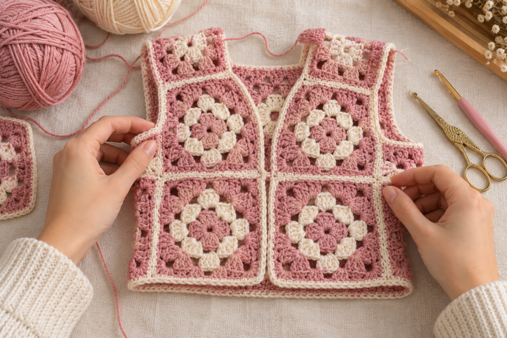 Shaping the armholes and neckline of a crochet baby vest