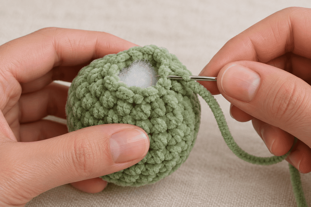 Yarn needle closing the remaining stitches of a small stuffed green chenille amigurumi piece.
