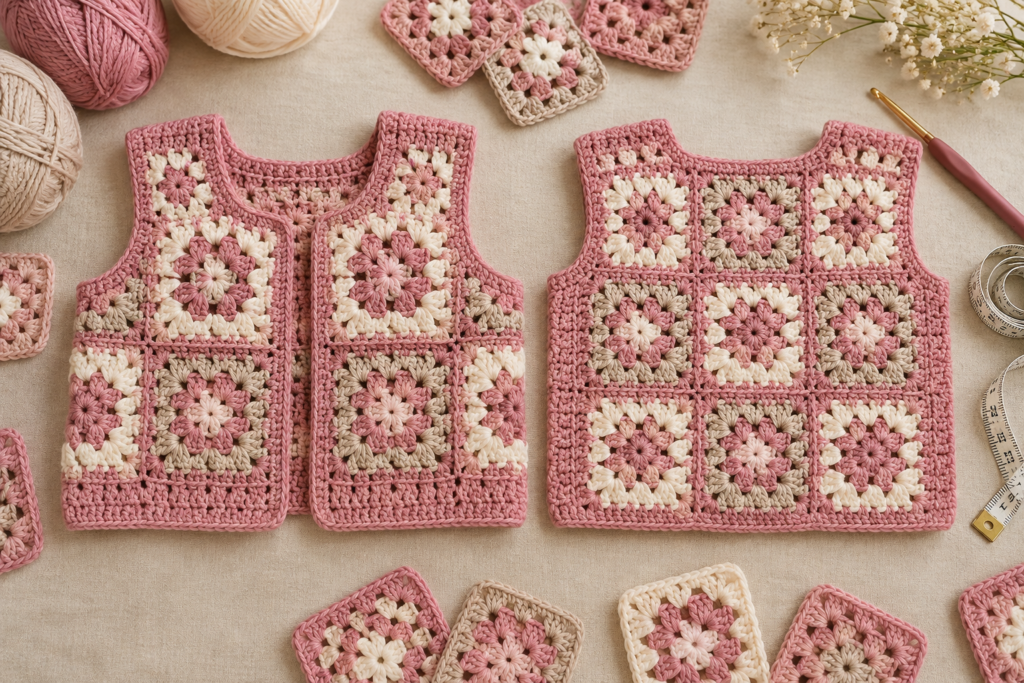 Granny squares arranged to form a crochet baby vest