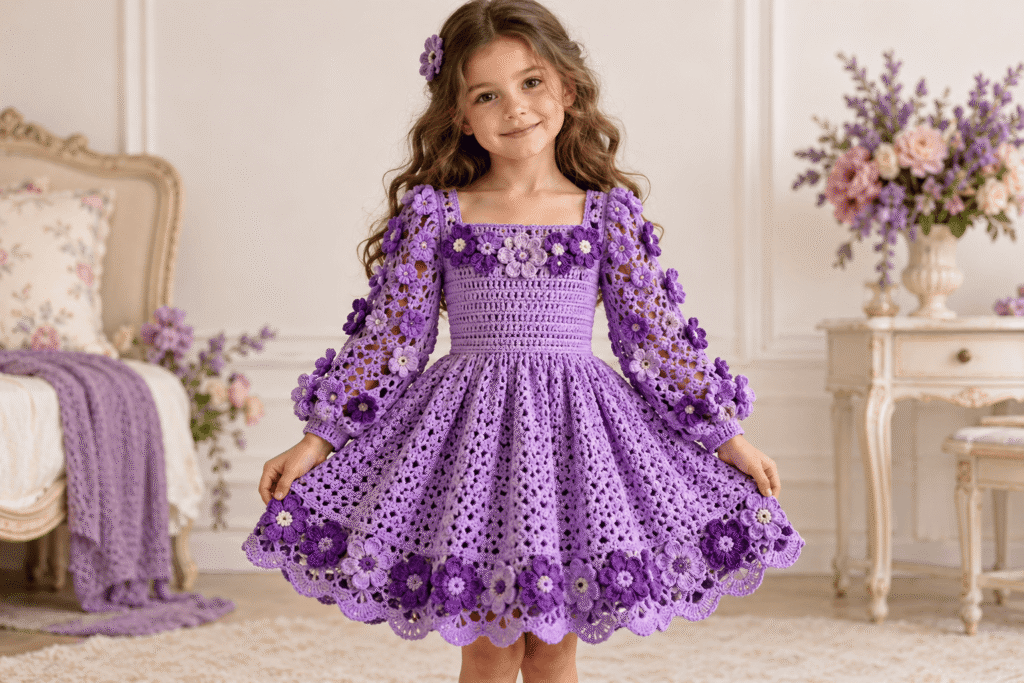 Back view of purple crochet girls dress showing floral sleeves and back opening