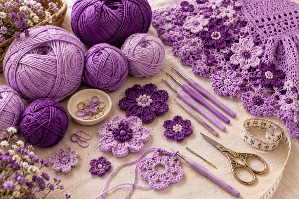 Finished handmade purple crochet flower dress styled for a young girl