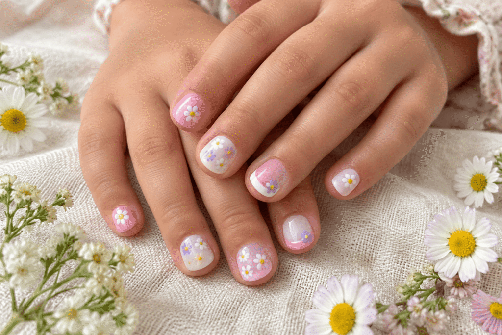 Cute pastel nail designs for kids with flowers, hearts and stars