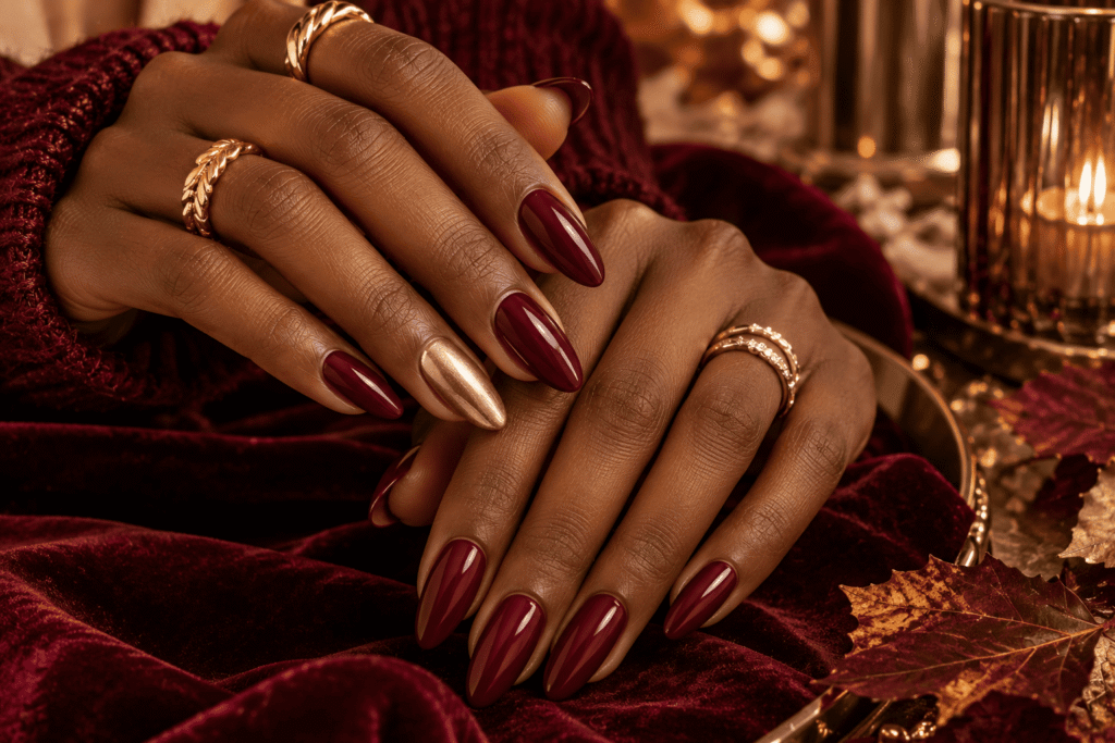 Glossy burgundy almond fall nails on dark skin