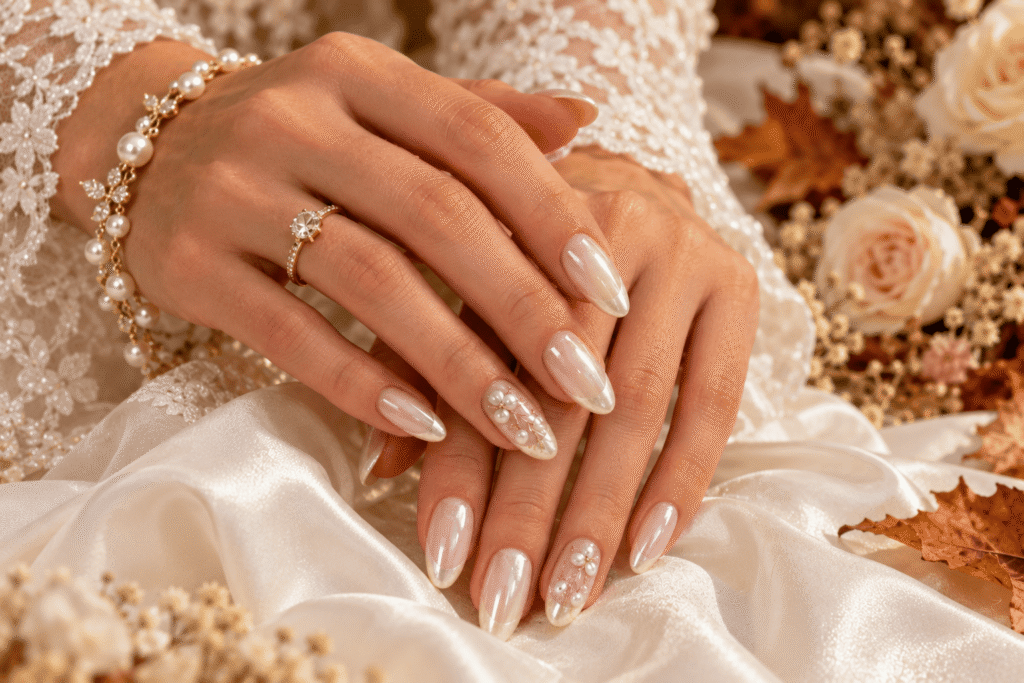 Short milky pink October wedding nails with delicate micro-French tips and subtle floral accents.
