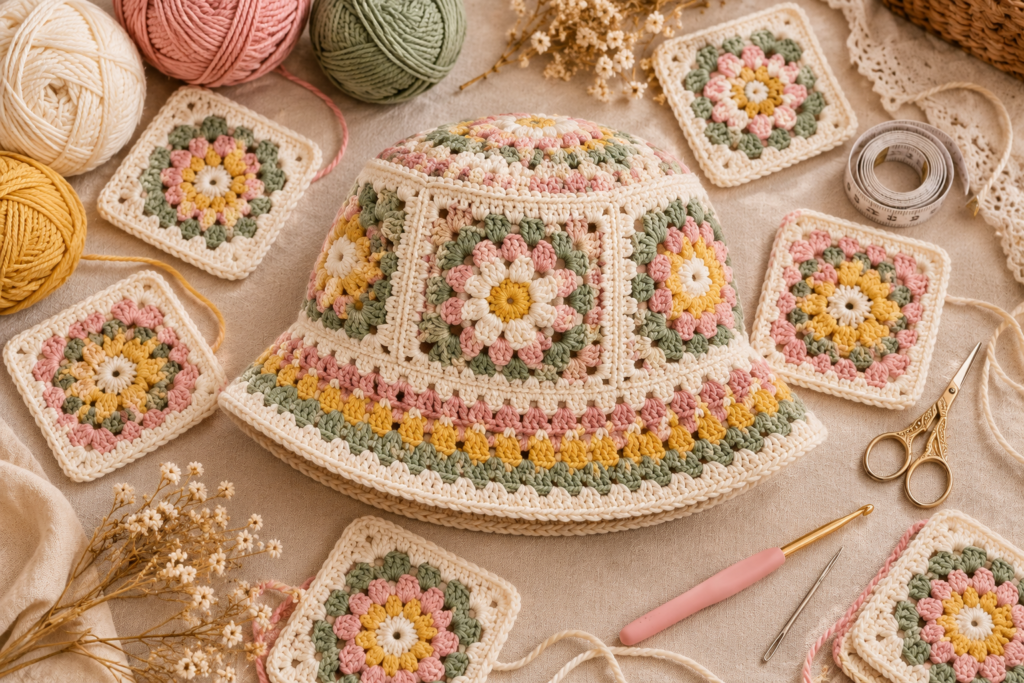 Finished granny square crochet bucket hat surrounded by crochet supplies and colorful granny squares
