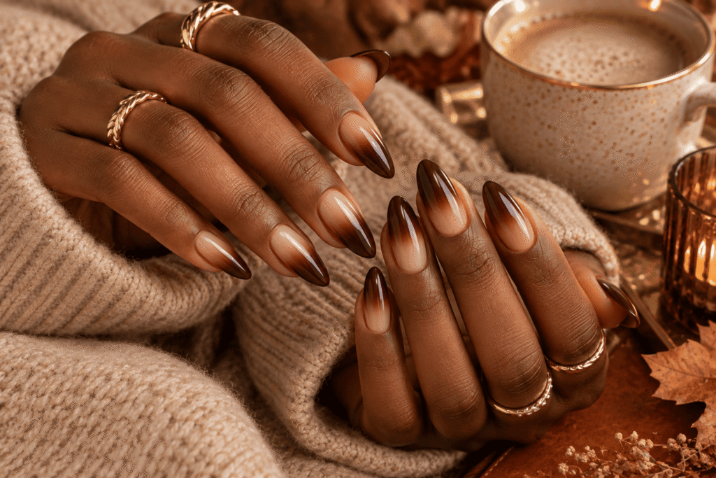 Mocha and nude ombre almond nails on dark skin