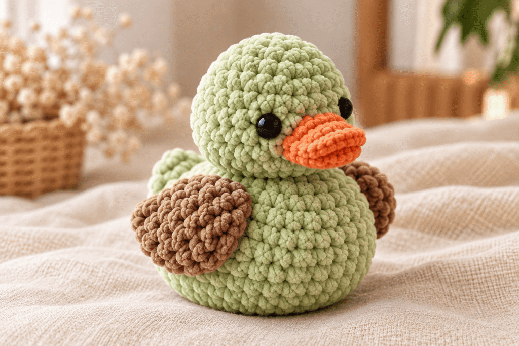 Light-green chenille crochet rubber duck with an orange beak, brown wings, and black eyes.