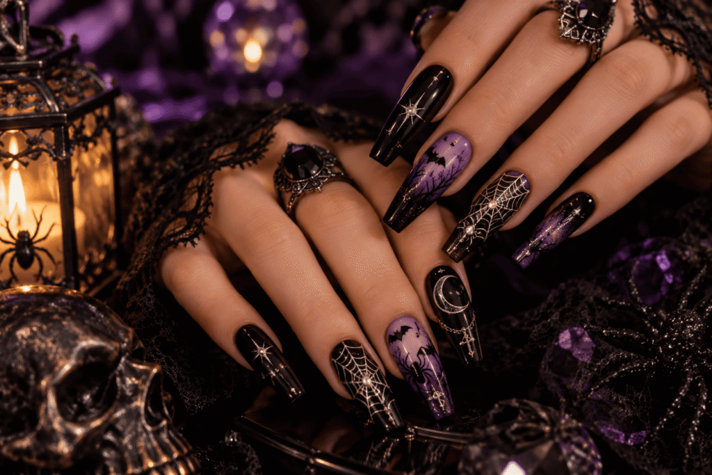 Spooky Halloween nail art with bats, spiders, webs and dark gothic details